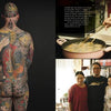 A collage: left, a person with elaborate tattoos stands back to camera; top right, tattooed hands cook with chopsticks—perhaps using Knives and Needles by Schiffer Publishing, Ltd.; bottom right, three people smile by bookshelves.