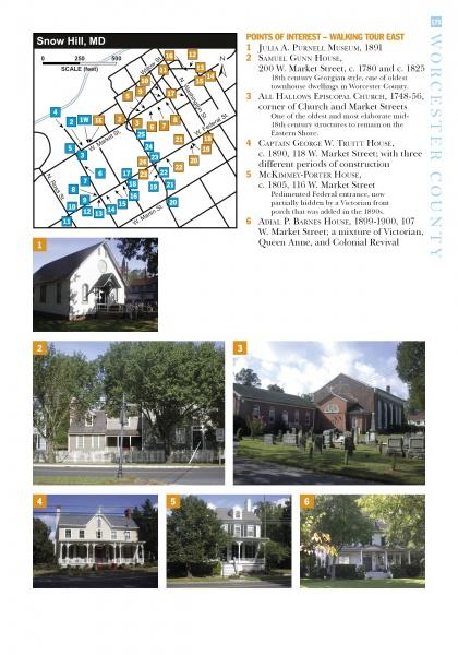 The "Cities and Towns of the Chesapeake" map by Schiffer Publishing, Ltd. highlights Snow Hill, MD’s historic sites for a walking tour, featuring numbered locations with photos of notable houses, museums, and scenic buildings on tree-lined streets.