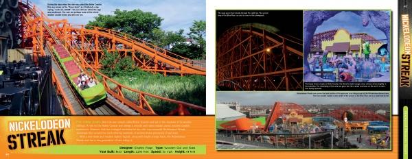Coasting Around the UK by Schiffer Publishing, Ltd. features Nickelodeon Streak, an orange roller coaster in the UK, with bright green cars on its wooden track and images of the ride at night and a Nickelodeon-themed indoor attraction.