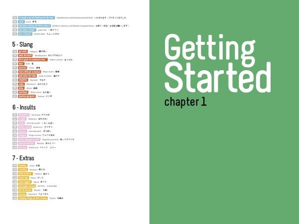 Maido by Schiffer Publishing, Ltd. showcases Japanese slang, insults, and culture with English translations on the left, while the right displays a green background and bold white “Getting Started chapter 1” text.