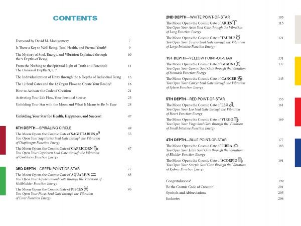 The table of contents in *Feeling Great with the Moon* by Schiffer Publishing, Ltd. lists sections and page numbers, with “Depths” connected to colored star-points, zodiac signs, astrology, moon themes, Japanese energy healing, and an introduction.