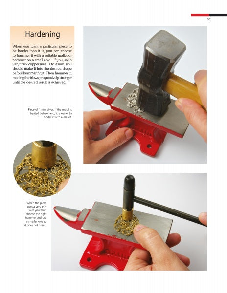 Two photos show hands using a hammer to flatten coiled wire on a small red anvil—a key step in making durable, affordable Costume Jewelry by Schiffer Publishing, Ltd., perfect for creating unique costume jewelry pieces.