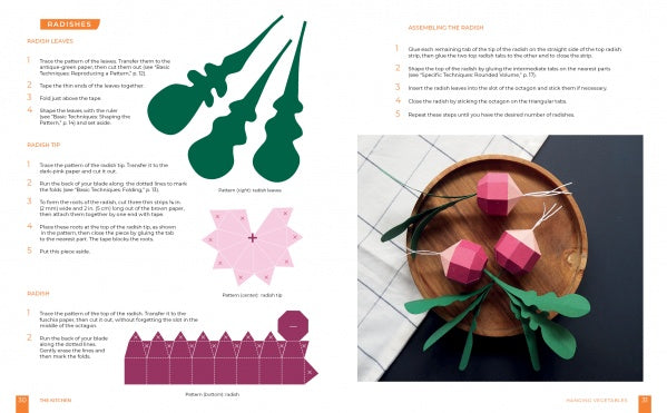 Craft paper radishes with "Paper Joy for Every Room" by Schiffer Publishing, Ltd. Left page: step-by-step diagrams for leaves and roots. Right page: finished radishes as home decor in a wooden bowl on checkered cloth.