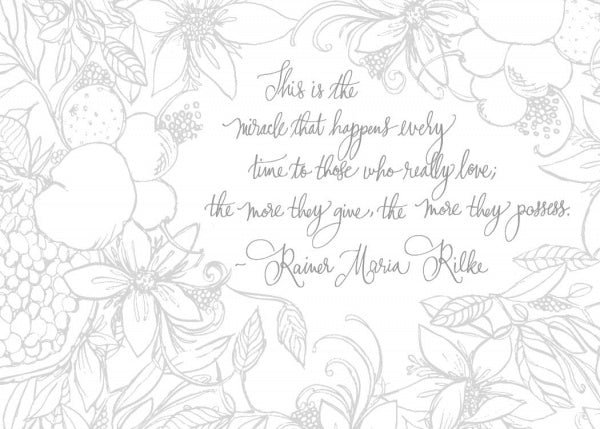 A Rainer Maria Rilke quote is featured on Schiffer Publishing, Ltd.'s Watercolor Cards, surrounded by Kristy Rice’s signature floral and fruit artwork designed to spark joy.