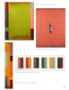 A page from Schiffer Publishing, Ltd.'s "100 Artists of the Mid-Atlantic" displays five abstract rectangular paintings with bold vertical stripes and textured edges in red, yellow, orange, blue, and green tones, each labeled below.