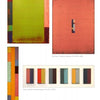 A page from Schiffer Publishing, Ltd.'s "100 Artists of the Mid-Atlantic" displays five abstract rectangular paintings with bold vertical stripes and textured edges in red, yellow, orange, blue, and green tones, each labeled below.