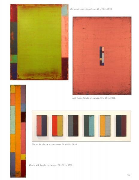 A page from Schiffer Publishing, Ltd.'s "100 Artists of the Mid-Atlantic" displays five abstract rectangular paintings with bold vertical stripes and textured edges in red, yellow, orange, blue, and green tones, each labeled below.