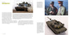 An open M1 Abrams book by Schiffer Publishing, Ltd. shows a battle tank in action on the left, two officers conversing at the top right, and a detailed tank model at the bottom right, with text throughout.