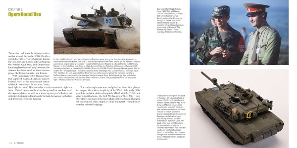 An open M1 Abrams book by Schiffer Publishing, Ltd. shows a battle tank in action on the left, two officers conversing at the top right, and a detailed tank model at the bottom right, with text throughout.