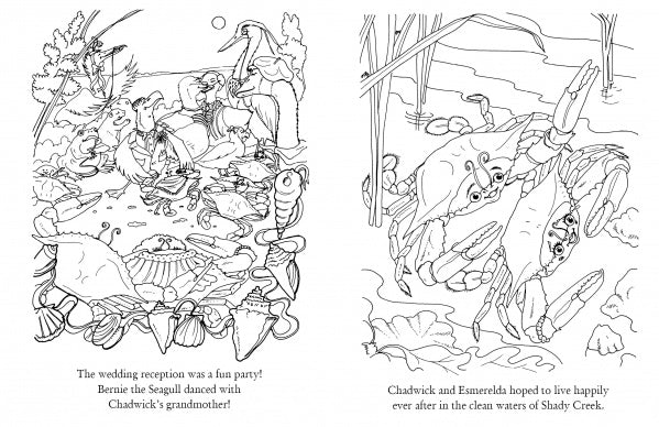 Left: Animals picnic as a seagull dances with a turtle in a hat. Right: Chadwick the Crab and Esmerelda raise their claws by Chesapeake Bay. Text celebrates a joyful wedding in this charming Schiffer Publishing Chadwick Activity Book.