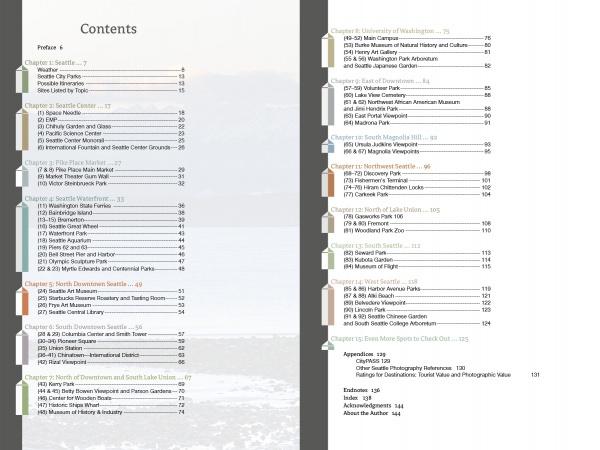 The table of contents from "Scenic Seattle" by Schiffer Publishing, Ltd. lists chapters and page numbers for attractions, museums, parks, neighborhoods, and top photo spots, shown in two columns across two pages.