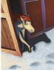A cartoon horse with a reddish mane steps cautiously from a wooden stable onto snowy ground, looking unsure—an ideal scene for "The Tale of Strawberry Snow" by Schiffer Publishing, Ltd.