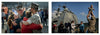Two photos from "All of Which I Saw" by Schiffer Publishing, Ltd.: Marines share a group hug with loved ones, and a Marine lifts a smiling child as families gather near a Navy ship—showcasing powerful photojournalism moments.