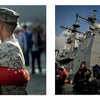 Two photos from "All of Which I Saw" by Schiffer Publishing, Ltd.: Marines share a group hug with loved ones, and a Marine lifts a smiling child as families gather near a Navy ship—showcasing powerful photojournalism moments.