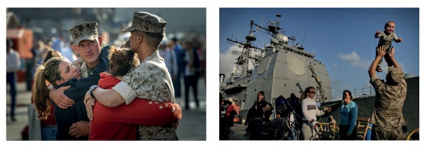 Two photos from "All of Which I Saw" by Schiffer Publishing, Ltd.: Marines share a group hug with loved ones, and a Marine lifts a smiling child as families gather near a Navy ship—showcasing powerful photojournalism moments.