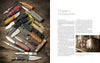 Several folding knives and multitools are arranged on a rustic wood surface beside an open copy of "The Big Book of Knives" by Schiffer Publishing, Ltd., turned to Chapter 1 and featuring a sepia photo of someone sharpening a knife.