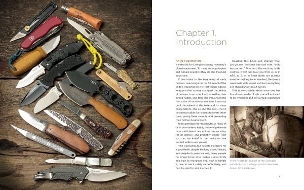 Several folding knives and multitools are arranged on a rustic wood surface beside an open copy of "The Big Book of Knives" by Schiffer Publishing, Ltd., turned to Chapter 1 and featuring a sepia photo of someone sharpening a knife.
