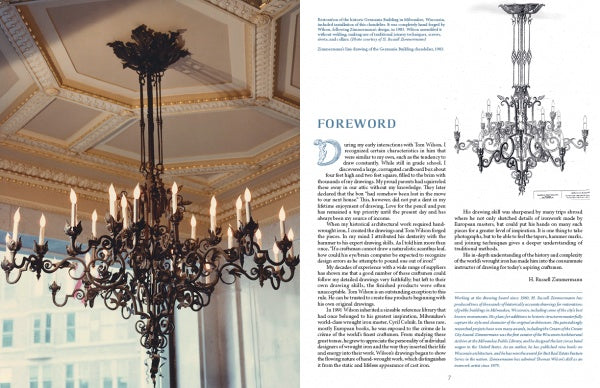 A page spread from Thomas Wilson's Ironwork Notebooks by Schiffer Publishing, Ltd. features a color photo of an ornate ironwork chandelier on the left and a foreword with a black-and-white chandelier illustration on the right.