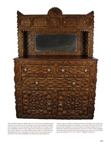 A Legacy in Tramp Art by Schiffer Publishing, Ltd. showcases a wooden sideboard with geometric tramp art carvings, glass knobs, multiple drawers, a mirrored top, and decorative backboard—highlighting folk art patterns and textured woodwork.
