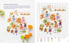 A modern cross stitch design from Fables & Fairy Tales to Cross Stitch by Schiffer Publishing, Ltd., shows kids dancing in a ring among orange flowers and greenery, with “Dançando na canção” in cursive and threads on the left beside the pattern chart.