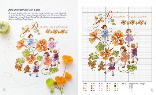 A modern cross stitch design from Fables & Fairy Tales to Cross Stitch by Schiffer Publishing, Ltd., shows kids dancing in a ring among orange flowers and greenery, with “Dançando na canção” in cursive and threads on the left beside the pattern chart.