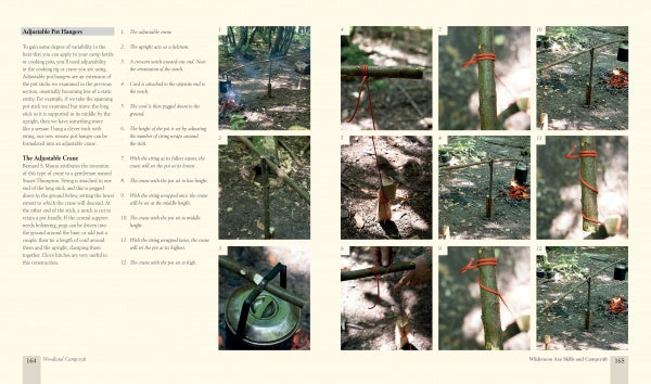 A two-page spread in "Wilderness Axe Skills and Campcraft" by Schiffer Publishing, Ltd. features text and a step-by-step photo guide to making an adjustable pot hanger outdoors with sticks, rope, and a kettle over a campfire.