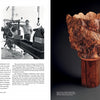 On the left, a black-and-white photo shows two men woodworking on a lathe; on the right, "The Lindquist Legacy" from Schiffer Publishing, Ltd. features an ornate wooden vessel by Mark Lindquist on a wood base.
