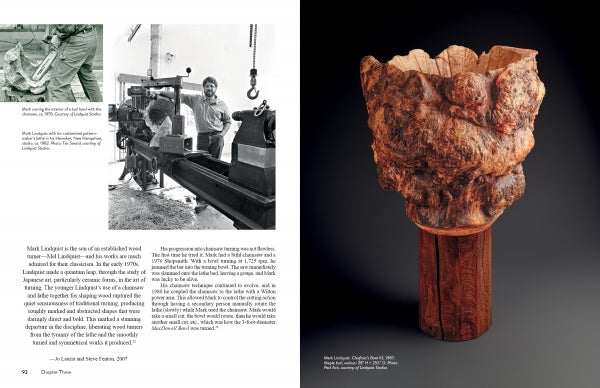 On the left, a black-and-white photo shows two men woodworking on a lathe; on the right, "The Lindquist Legacy" from Schiffer Publishing, Ltd. features an ornate wooden vessel by Mark Lindquist on a wood base.
