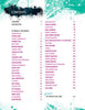 The "Roller Derby / Girl Gang" table of contents by Schiffer Publishing, Ltd. features a teal paint splatter and roller derby art. Two pink columns list artists and page numbers on white, with a black paint splatter in the top left corner.