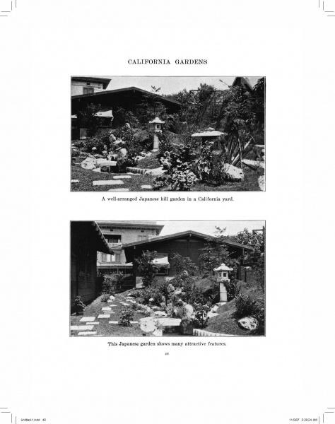 Two black-and-white photos from "California Gardens of the Arts & Crafts Period" by Schiffer Publishing, Ltd. show a hill garden and a stone path with a lantern, illustrating historic California garden design in residential yards.