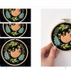 Freshly Stitched by Schiffer Publishing, Ltd. offers modern embroidery tutorials, showing hands holding a finished hoop with a sleeping fox among green leaves and close-ups of each stitching step.