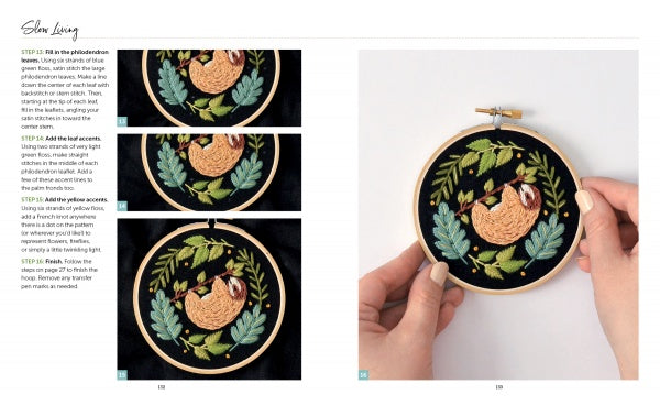 Freshly Stitched by Schiffer Publishing, Ltd. offers modern embroidery tutorials, showing hands holding a finished hoop with a sleeping fox among green leaves and close-ups of each stitching step.