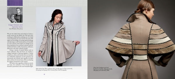 Two pages from "Artistry in Fiber, Vol. 3" by Schiffer Publishing, Ltd. display a woman modeling a beige pleated coat with black trim; insets show fabric details and history, while the right page highlights the coat’s striking back layers.