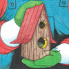 A person holds the Bill the Snowman birdhouse by Schiffer Publishing, Ltd.—a wooden house with a red roof and two round openings, evoking warmth and compassion like an illustrated children's book.
