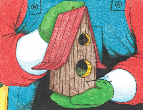 A person holds the Bill the Snowman birdhouse by Schiffer Publishing, Ltd.—a wooden house with a red roof and two round openings, evoking warmth and compassion like an illustrated children's book.