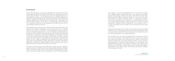 A spread from "Palm Springs Modern Dogs at Home" by Schiffer Publishing, Ltd. shows a foreword in small, light text over white across two pages; the right page ends with a short blue signature at the bottom right. No images or decorations appear.