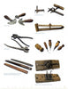 Living Crafts, Historic Tools by Schiffer Publishing, Ltd. features vintage American hand tools—knives, pliers, awls, a leather worker’s compass, burnishers, and a braider—neatly displayed with labels on a white background.