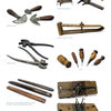 Living Crafts, Historic Tools by Schiffer Publishing, Ltd. features vintage American hand tools—knives, pliers, awls, a leather worker’s compass, burnishers, and a braider—neatly displayed with labels on a white background.