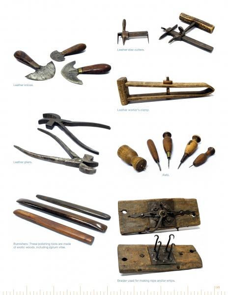 Living Crafts, Historic Tools by Schiffer Publishing, Ltd. features vintage American hand tools—knives, pliers, awls, a leather worker’s compass, burnishers, and a braider—neatly displayed with labels on a white background.