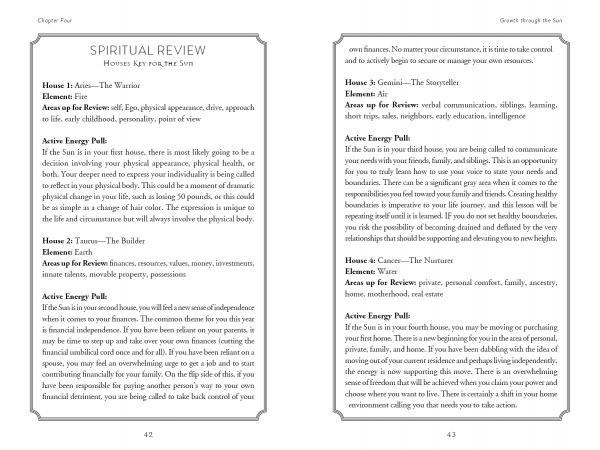Your Cosmic Compass by Schiffer Publishing, Ltd. features a two-page spread titled “SPIRITUAL REVIEW – Houses Key for the Sun,” detailing each house’s element, life areas, and “Active Energy Pull” for astrological insight—a cosmic guide.