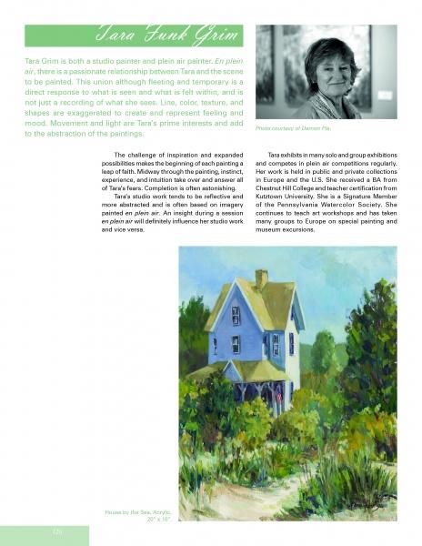 A magazine page from Schiffer Publishing's "100 Plein Air Painters of the Mid-Atlantic" spotlights Tara Funk Grim with her portrait and a landscape painting of a blue house, plus text about her work and background in American art.