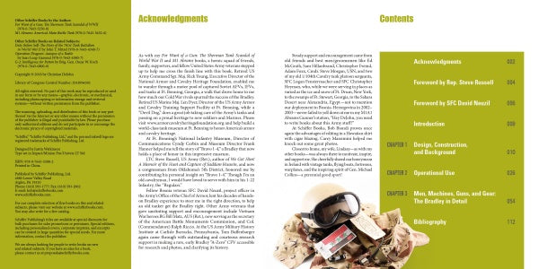 The acknowledgment and contents pages feature olive green headings and text columns. At the bottom right, an image of US Army gear evokes the M2/M3 Bradley. Product: M2/M3 Bradley by Schiffer Publishing, Ltd.
