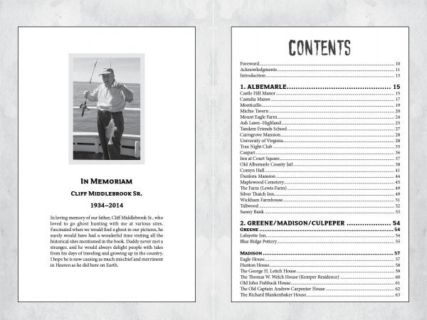 A memorial page from "Haunted Charlottesville and Surrounding Counties" by Schiffer Publishing, Ltd. features a black-and-white fishing photo on the left and, on the right, a table of contents listing recipes and sections with page numbers.