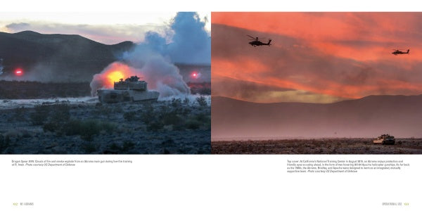 A split image features the M1 Abrams main battle tank from Schiffer Publishing, Ltd.: left side shows it firing in a smoky desert sunset, right side shows two helicopters above a vehicle with mountains and a red-orange sky.