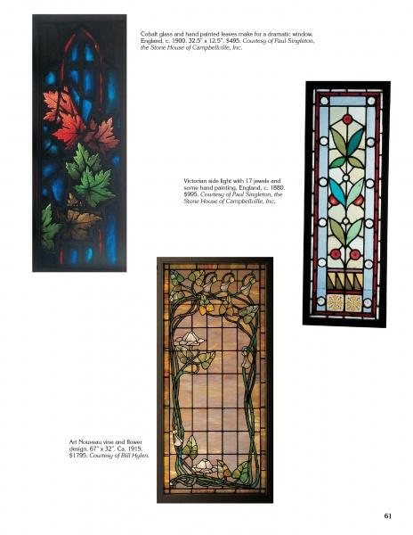 Old Stained Glass for the Home by Schiffer Publishing, Ltd. features three panels: one with colorful autumn leaves, one with green vines and red jewels, and one with Arts and Crafts floral and vine designs on pale glass.