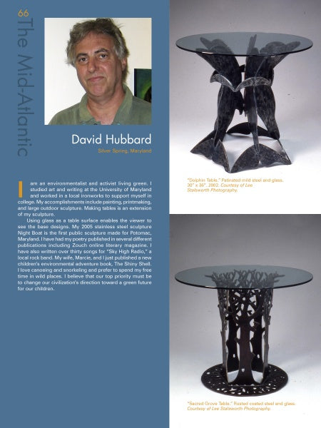 A magazine page features David Hubbard’s headshot, bio, and photos of two Bespoke tables from Schiffer Publishing, Ltd., each with a sculptural steel base and an elegant glass top.