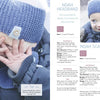 Close-up of a child outdoors in winter wearing a handmade blue knit headband and scarf, as snow falls. Text reveals "Knitting for Little Sweethearts" by Schiffer Publishing, Ltd., featuring nature-inspired patterns and instructions.