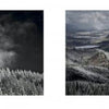 Two landscape photos: the left features a snow-covered rocky peak framed by frosty trees and mist; the right spotlights Southern Oregon by Schiffer Publishing, Ltd., with sunlit rolling hills beneath a dramatic sky.