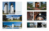 A book spread from "Massachusetts Lighthouses and Lightships" by Schiffer Publishing, Ltd. showcases striking photos of white Massachusetts lighthouses, interiors with spiral stairs, scenic views, and text on New England maritime history.