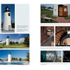 A book spread from "Massachusetts Lighthouses and Lightships" by Schiffer Publishing, Ltd. showcases striking photos of white Massachusetts lighthouses, interiors with spiral stairs, scenic views, and text on New England maritime history.